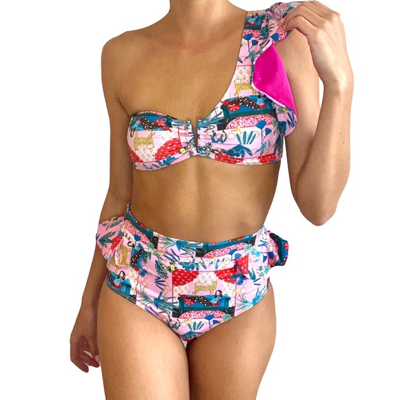 One-Shoulder Ruffle Bikini Set | Tropical High-Waisted | Size M - Picture 5 of 8